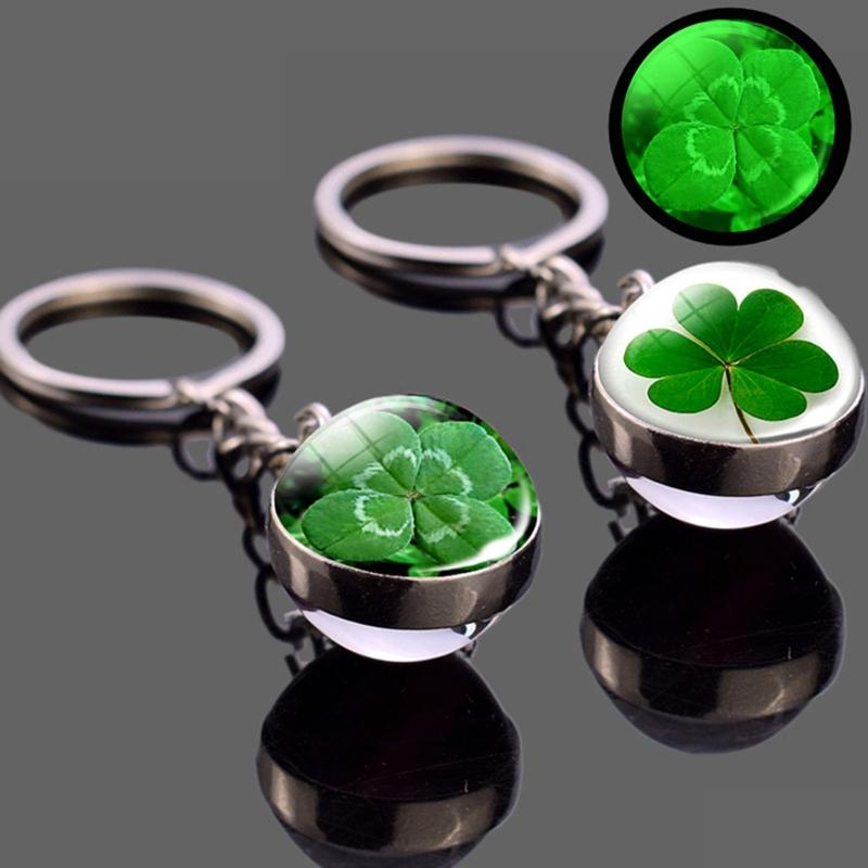 Clover Keychain Luminescent Four Leaf Clover Glass Ball Double Side Metal Pendant Keychain Lucky Jewelry Gift