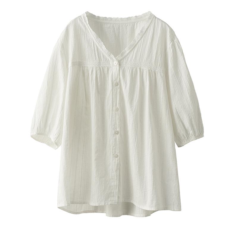 New literary lace V-neck cotton shirt women's casual white shirt temperament short-sleeved top summer
