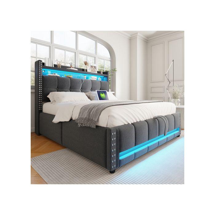 Łóżko tapicerowane 140*200 cm z oświetleniem LED i gniazdem USB, wezgłowie z półkami i przestrzenią do przechowywania