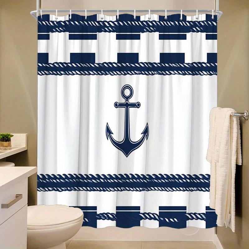 Nautical Shower Curtain 180x180cm – Dark Blue Anchor & Rope Design, Coastal Bathroom Decor, 12 Hooks
