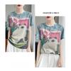 2026 Summer New Women's Round Neck Loose Tie-Dye Cartoon Cat Print Short Sleeve T-Shirt Top