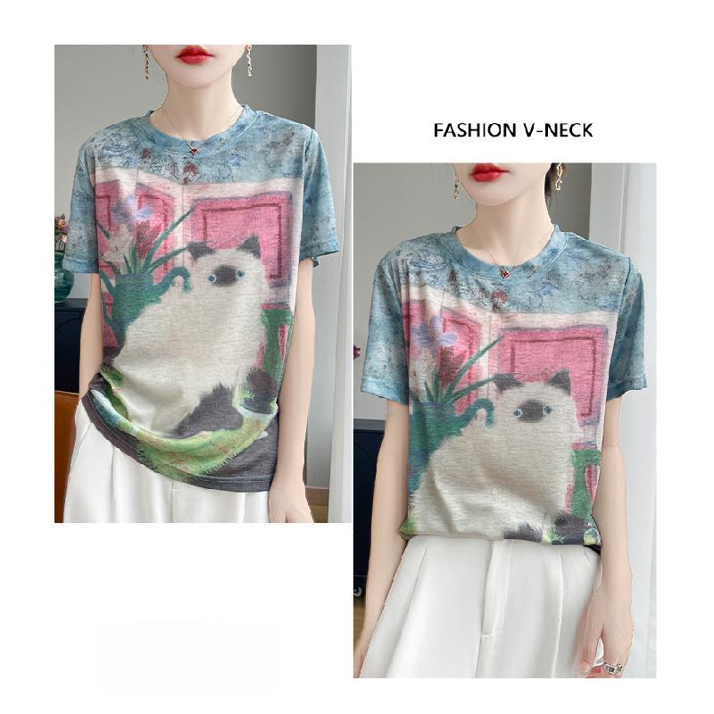 2026 Summer New Women's Round Neck Loose Tie-Dye Cartoon Cat Print Short Sleeve T-Shirt Top