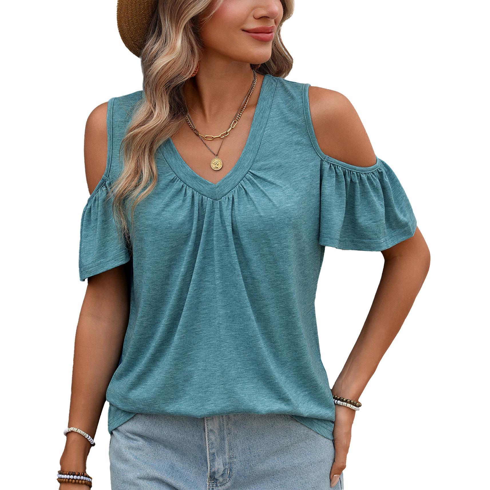 

European Style Spring and Summer Solid Color V-Neck Off-shoulder Pleated Loose Fit Short Sleeve T-Shirt XXL зелений