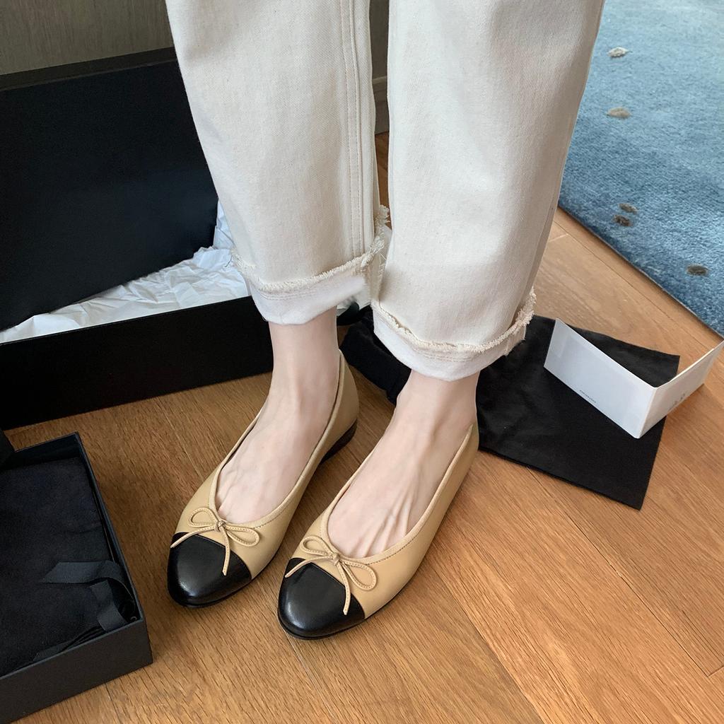 Cowhide version~ Xiaoxiangfeng bow color matching light mouth single shoes women's 2025 new flat bottom round head grandma shoes ladyshoes