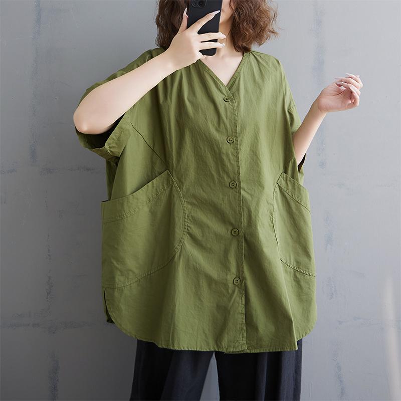 

DIMANAF 2025 Летняя футболка с V-образным вырезом однотонная большого размера женская с коротким рукавом на пуговицах свободные топы футболки XL зелёный