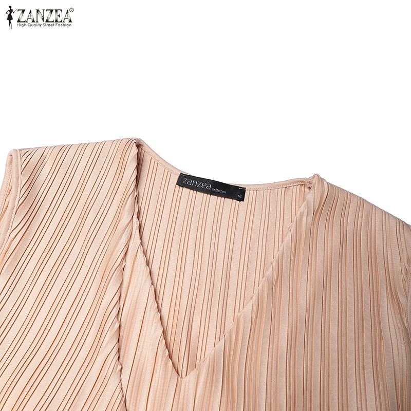 ZANZEA Women Elegant V-Neck Casual Sleeveless Pleated Long Dress