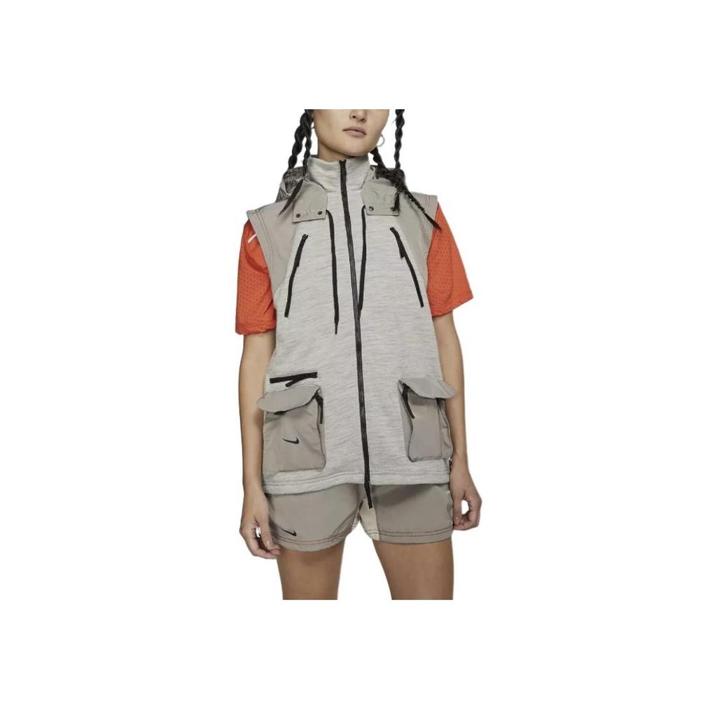 Nike Solid Logo Print Multi-Pocket Detachable Hooded Vest Women Vests Gray BV8067-279