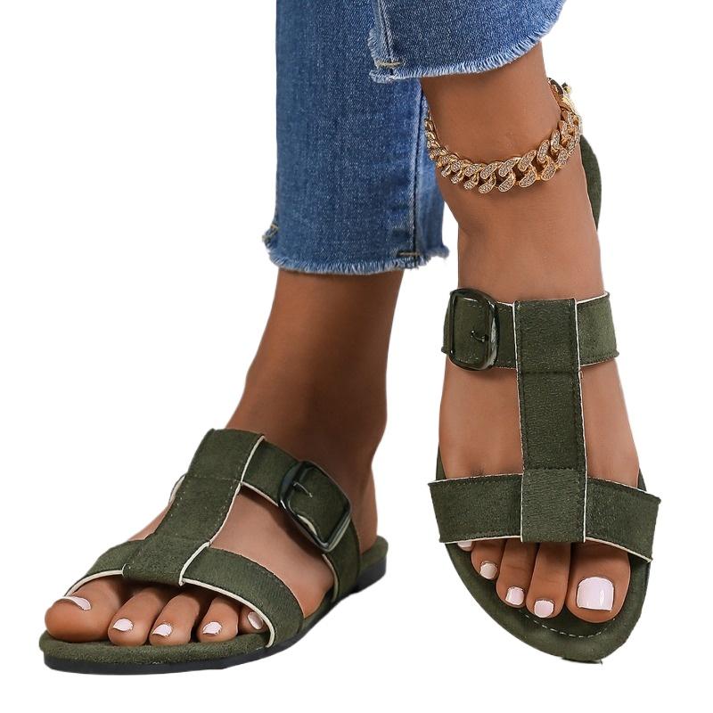 Fashion Ladies Shoes 2025 Brand Open Toe Women's Slippers Fashion Outdoor Belt Buckle Summer New Plus Size Casual Concise Flat Slippers