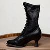 Vintage Damen Stiefeletten Viktorianische Spitzschuhe Mid-Calf Stiefel für Damen Elegant PU Schnürstiefel Gespleißt Damen High Heel Schuh