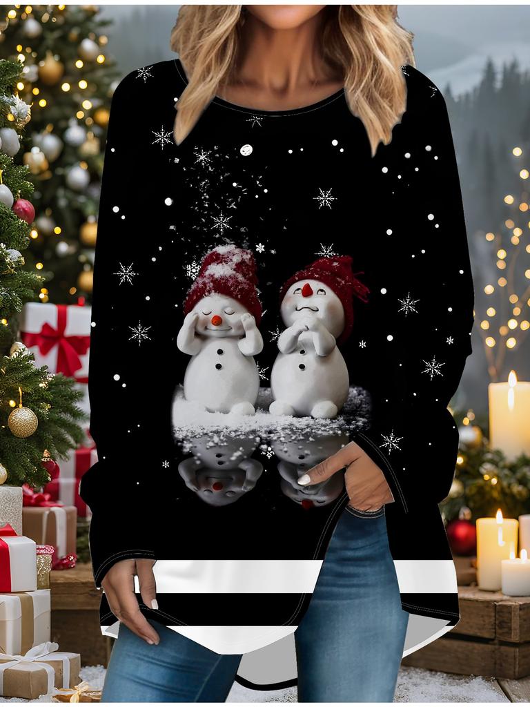 Übergröße Damen Frühling Weihnachten Schneemann Gedruckt Bequem Langarm Rundhals T-Shirt Lässig Weit Mittelang Tops