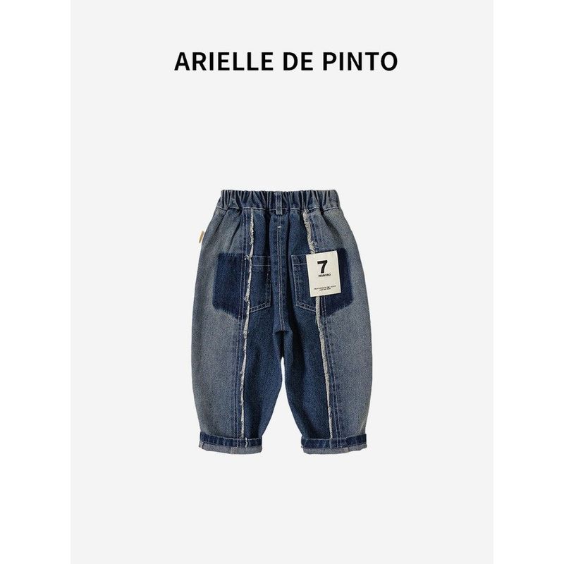 French Arielle De Pinto Children's Pants Autumn Outfit Boys' Frayed Patchwork Long Pants Baby Jeans Trendy