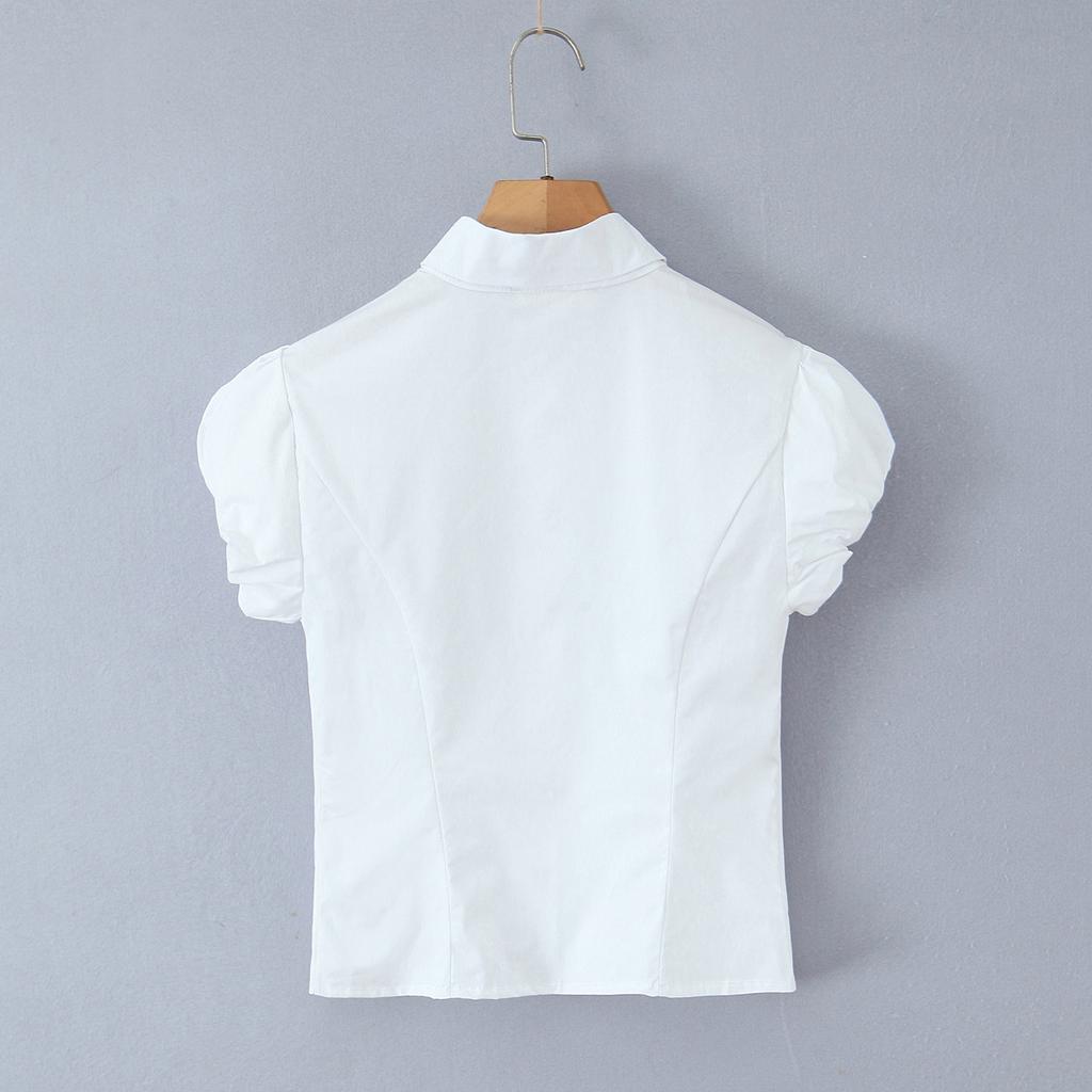 European and American women's clothing 1116 spring new product lapel retro waist casual versatile short-sleeved shirt top women
