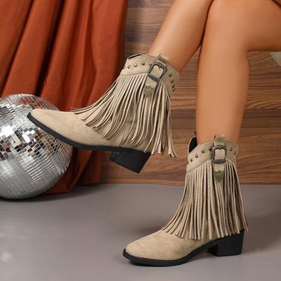 Neue Nietenschnalle Blockabsatz Einzelstiefel Damen Spitzschuh Wildleder Quastenstiefel