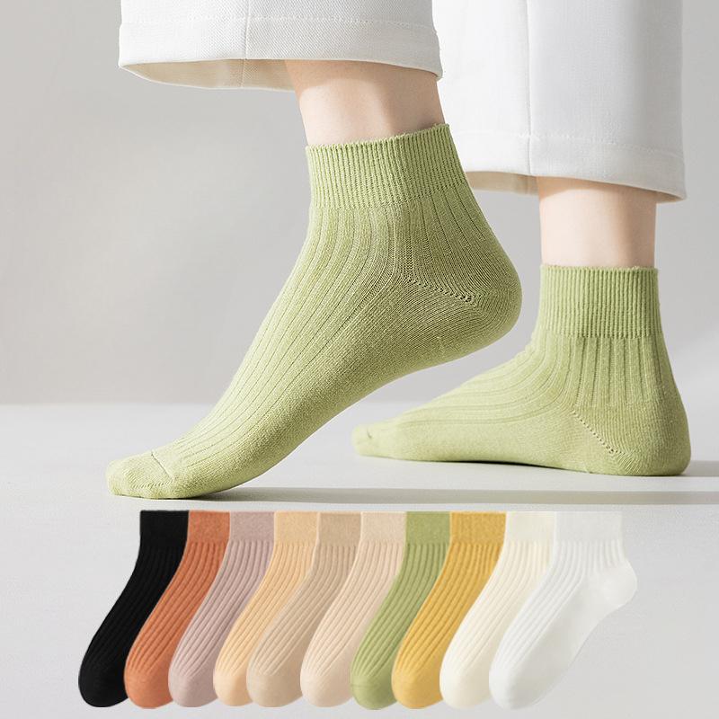 Summer Sweat-absorbing and Breathable Thin Solid-color Cotton Socks for Women, Double-needle Combed Cotton Short Socks for Women