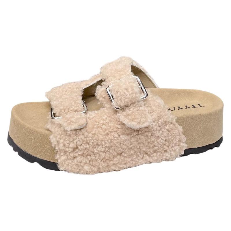 Spring and Autumn New Wool Slippers Women's Cork Slippers Casual One-Word Slippers Women's Summer Outer Wear Fluffy Slippers Women