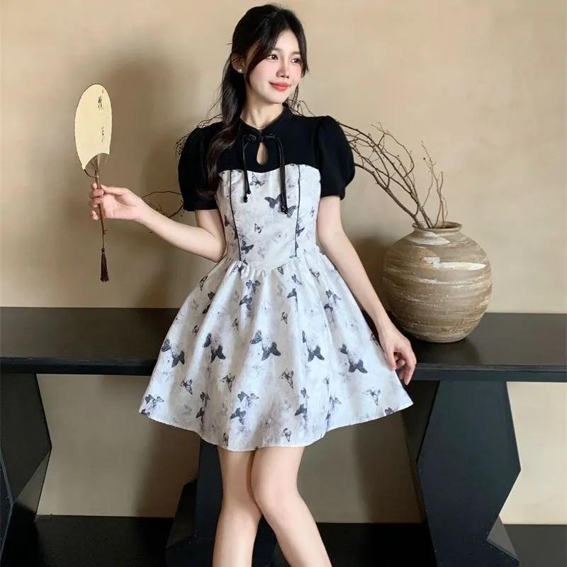 Большой размер китайский пэчворк летнее бабочка новый цветочный платье национальный стиль контрастные цвета ретро темперамент тонкая юбка M