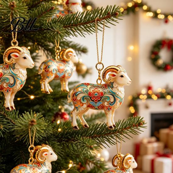 Festive Home Decor 2D Acrylic Goat Christmas Ornament, Farm Animal Car Rearview Mirror Durable Hanging Figurine Charm, Auto Interior Pendant for Tree,