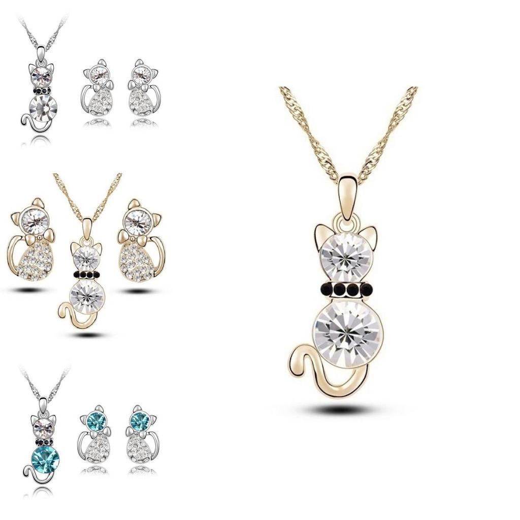 Cat 3pcs Crystal Shaped Necklace Earrings Jewelry Set Gift Teen Girls For Women