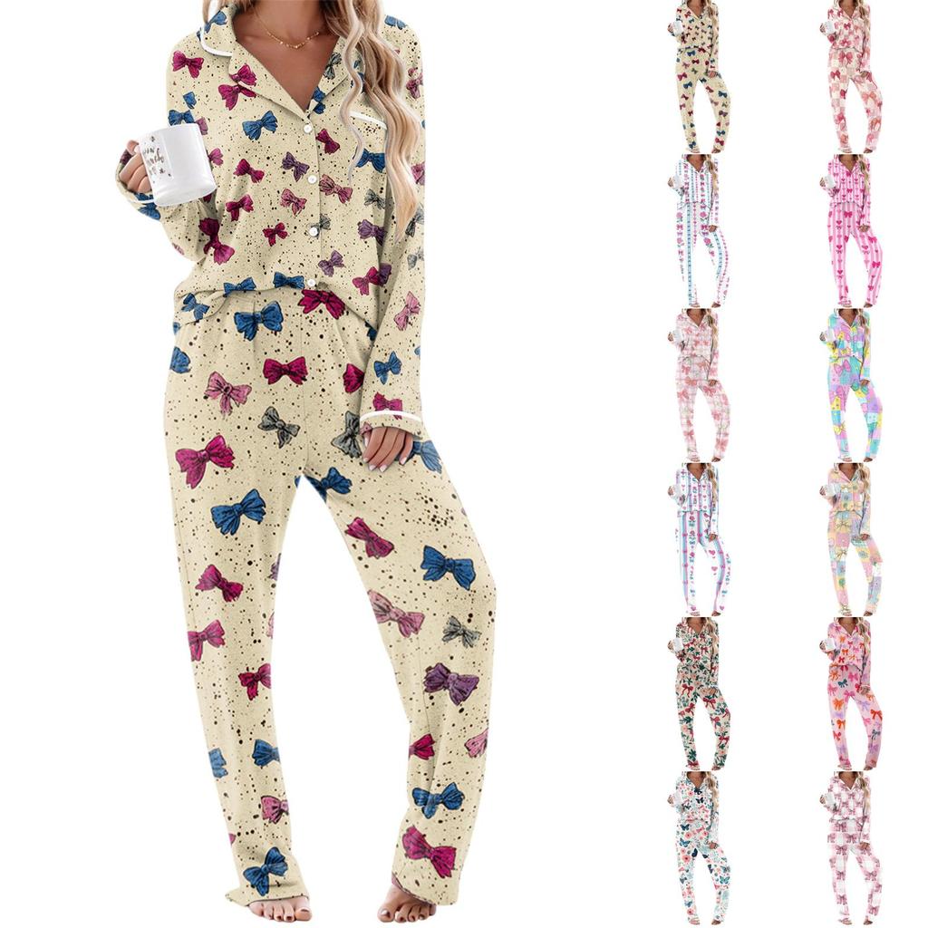 Pigiama da donna stampa alla moda manica lunga top con bottoni tasca pantaloni casa casual colletto a revers scollo a V set due pezzi