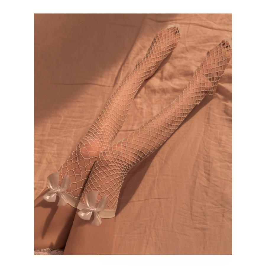 Pure desire lace tulle anti-slip long stockings, ultra-thin knee-length stockings, bowknot black stockings, high-waisted stockings