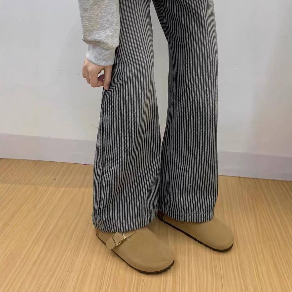 Black and Gray Striped Wide-leg Jeans for Women In Autumn and Winter Plus Velvet High Waist Straight Versatile Casual Floor Pants