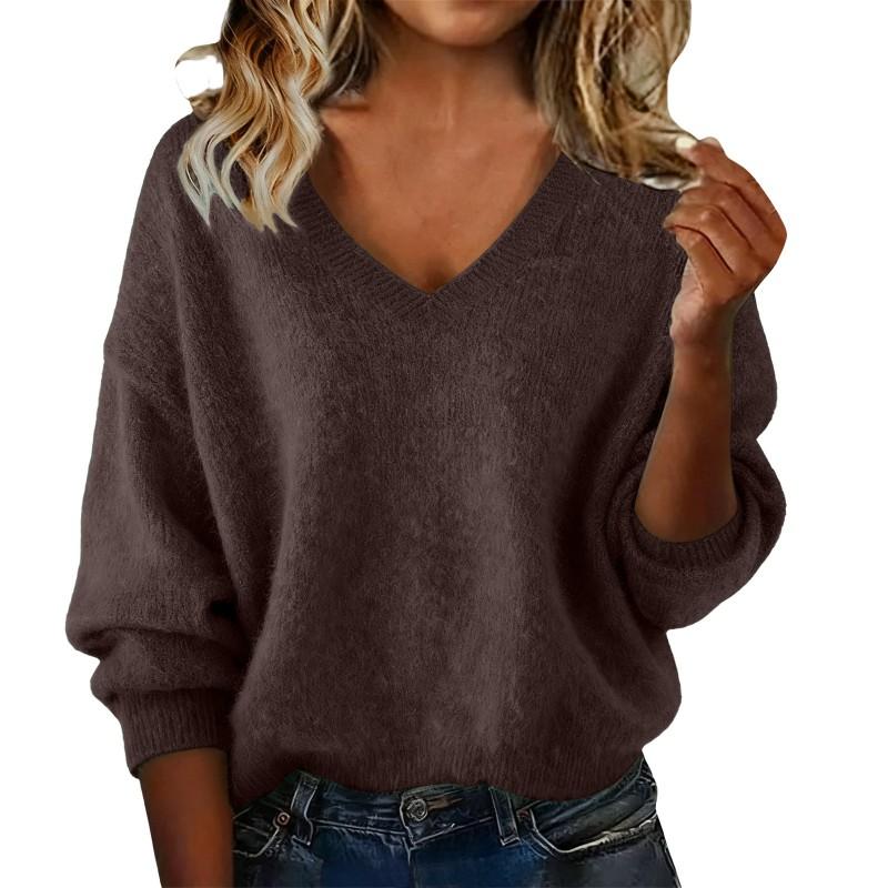 Womens Loose Fit V-Neck Knit Sweater Solid Color Casual Long Sleeve Pullover Winter