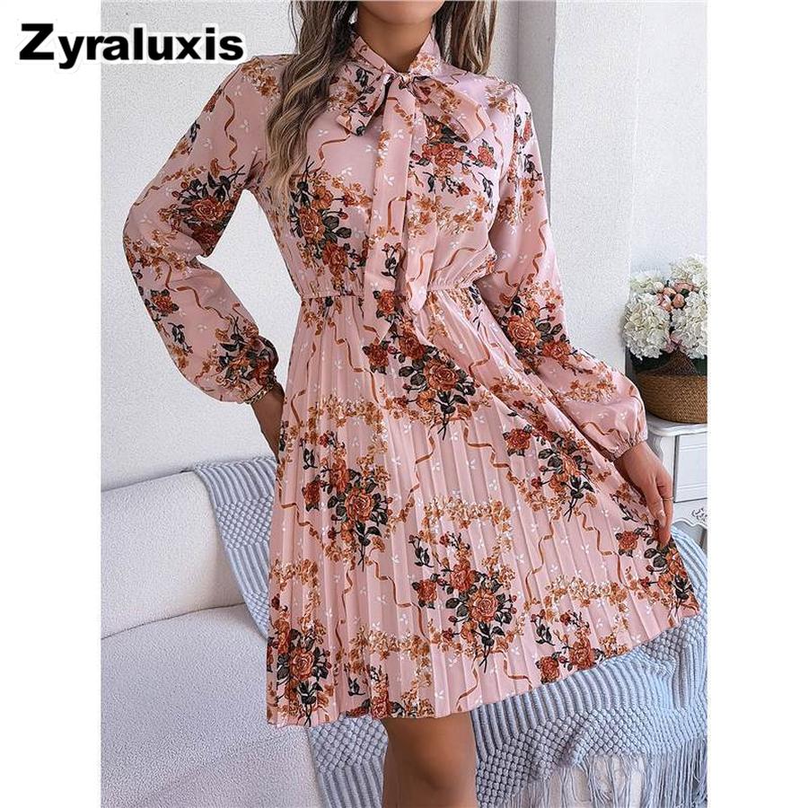 Autumn Elegant Floral Ribbon Waist A-Line Long Sleeve Pleated Skirt Women s Clothing S