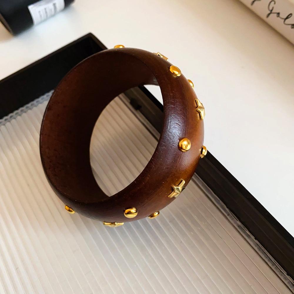 Punk Wooden Bracelet Wide Rivets Bangle Vintage Round Bracelet  Women