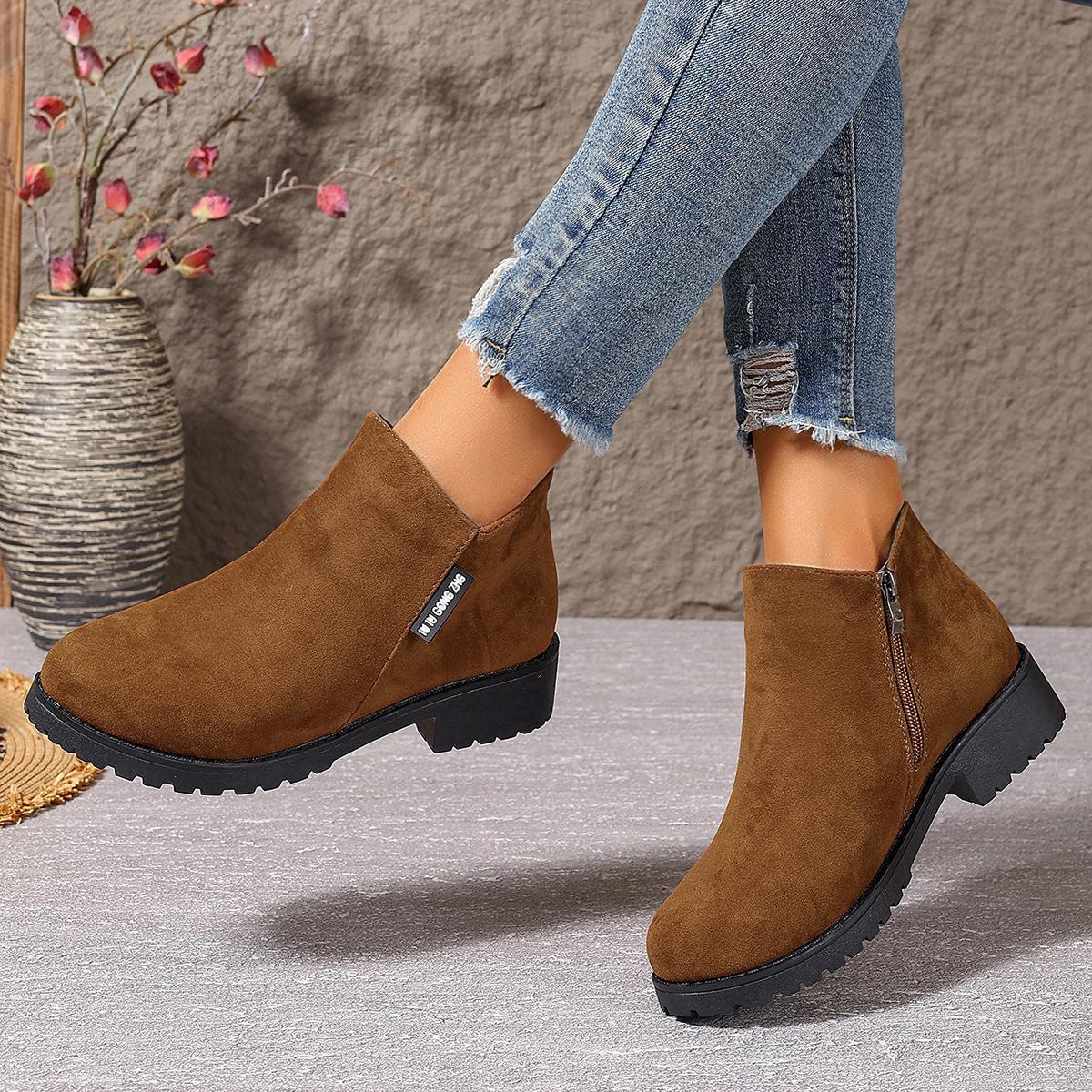 

Women s boots autumn and winter suede and bare boots side zipper square heel medium heel short boots 36 темно-коричневого