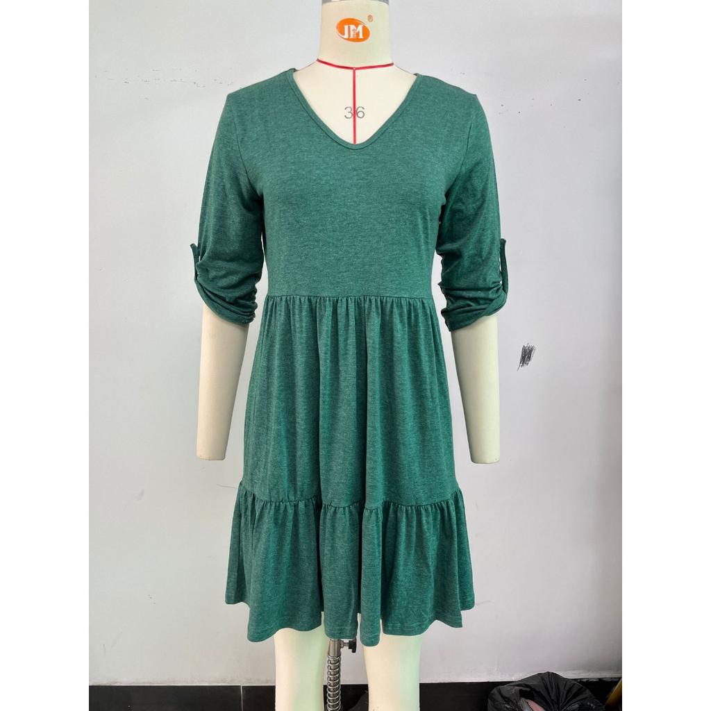 Women's Spring Summer Loose 3/4 Sleeve V-neck Ruffled Pleated Dress for Casual Daily, European American Crossborder Trade Ready to Ship