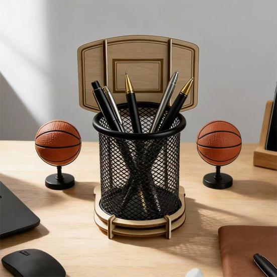 Basketball Pen Holder Metal Mesh Cup Desk Organizer Basketball Stand Style Pencil Holder Ruler Eraser Organizer