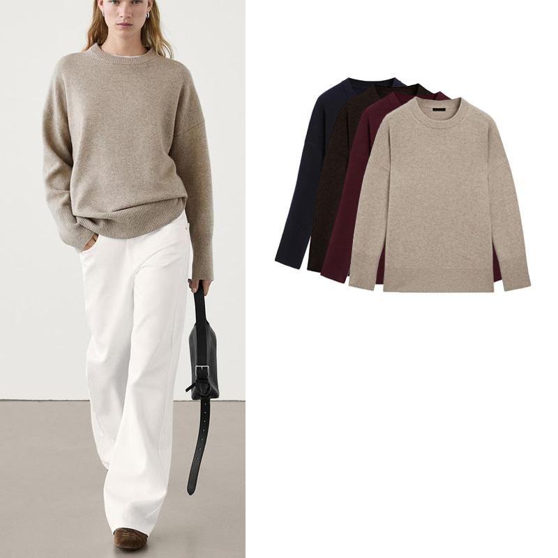 MD Fall and Winter New Women's Clothing Rib Neckline Soft Glutinous Wool Blended Round Neck Long Sleeves Knitwear 5775638