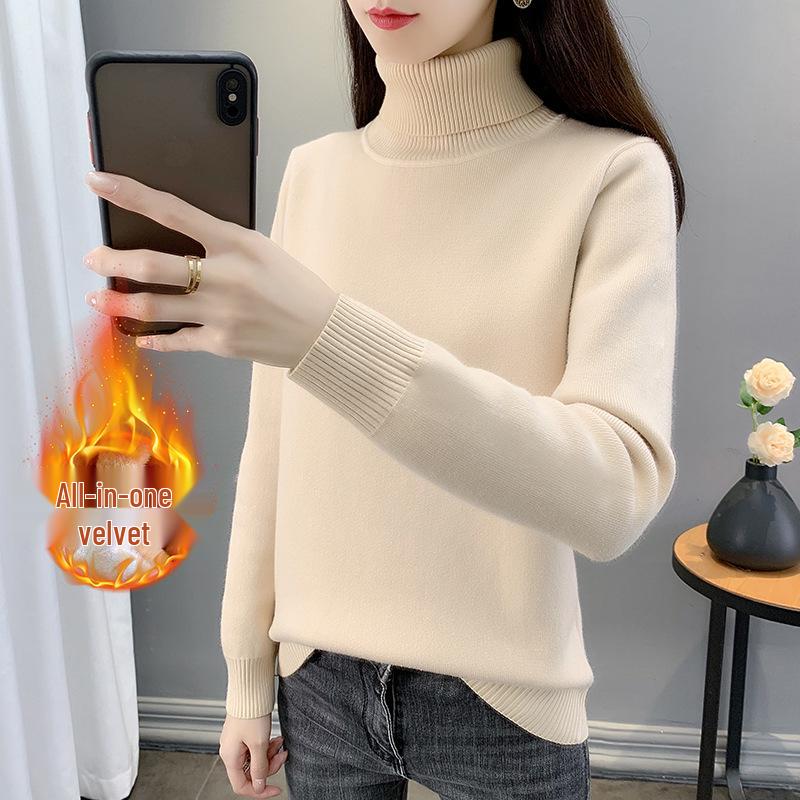 2025 Women's Autumn/Winter Half-High Collar Velvet-Lined Knit Sweater