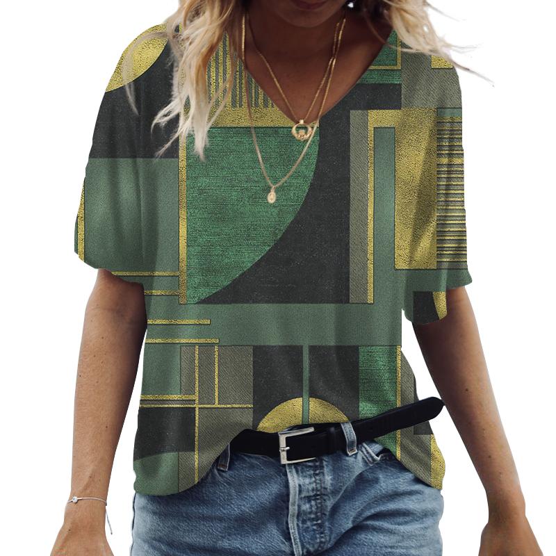 T-Shirt Donna Con Scollo A V E Stampe Geometriche Multicolore – Maniche Corte, Leggera E Traspirante – Perfetta Per Primavera Ed Estate