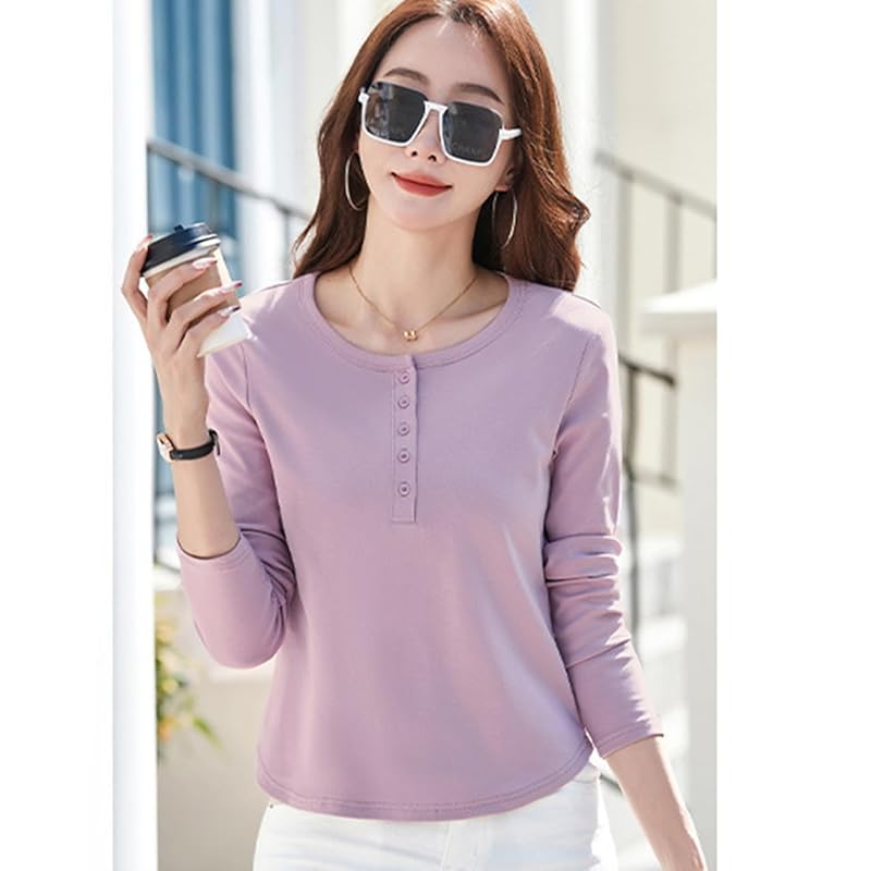 [JHIJSC] t-shirt ladies long sleeve spring cotton tight Plain color Fashionable cute large size (JP, alphabet, L, pink)