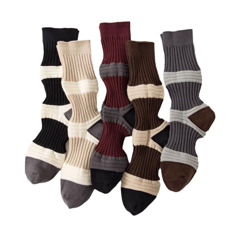 Lantern Socks, Women's Color-blocking Mid-calf Socks, Slightly Pressed Striped Women's Socks, Cotton Long Calf Socks