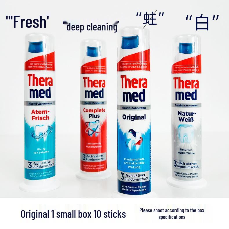 Зубная паста Theramed с помпой, стоячая: Защита свежести десен и глубокая очистка, Формула для взрослых, Импортировано из Германии. Blue - Box of 10