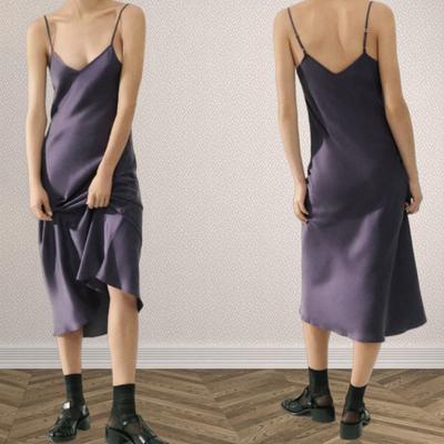 Maulbeerseide Kleid Lila Midikleid Slim V-Ausschnitt Sommerkleid Sandgewaschene Seide Trägerrock