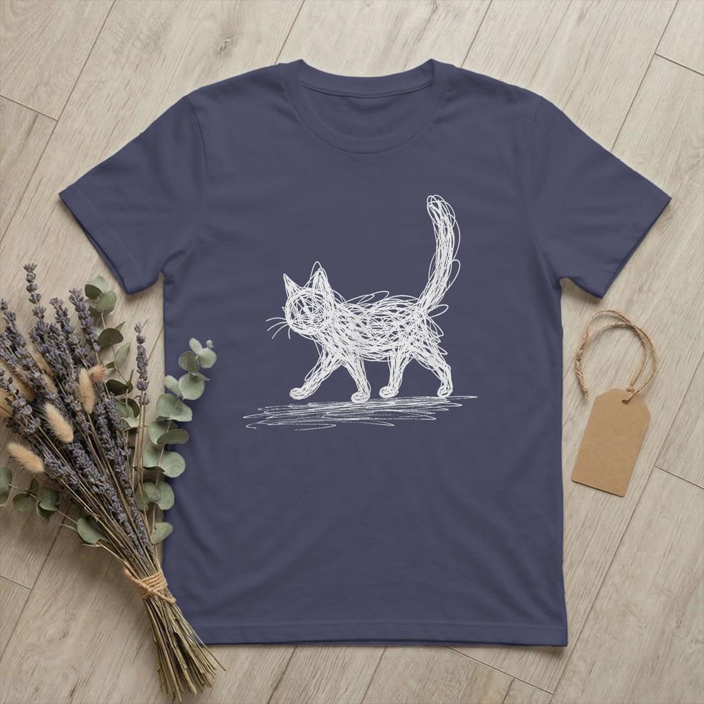 Unisex Minimalistic Art Minimalist Cat T Shirt Hand Drawn Kitten Pure Cotton Merch Funny Short Sleeve O Neck Tees Printing TShirts