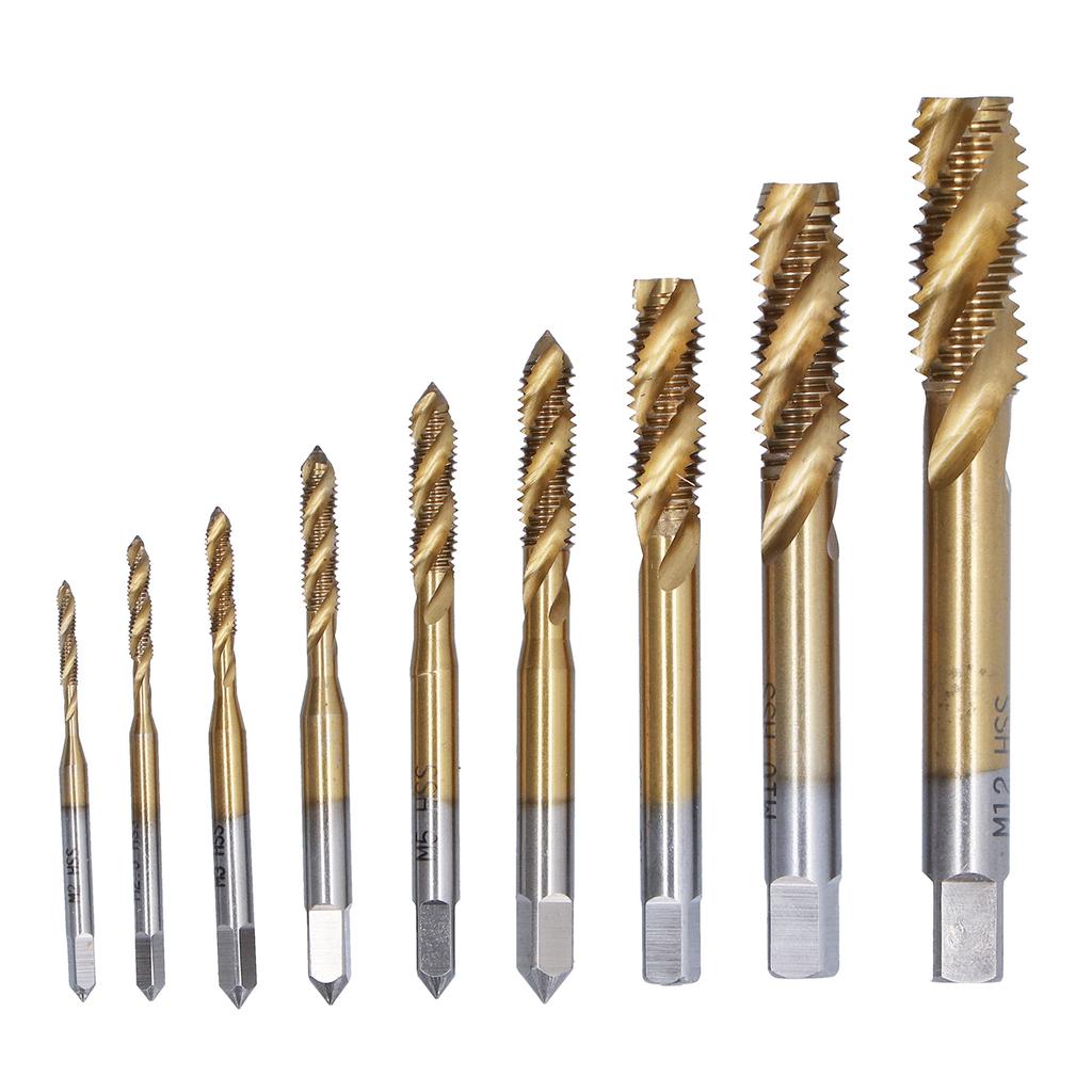 Spiral Flute Tap Set Ti Coated HSS Screw Thread Tapping Hand Tool Hardware 9 Sizes M2‑M12