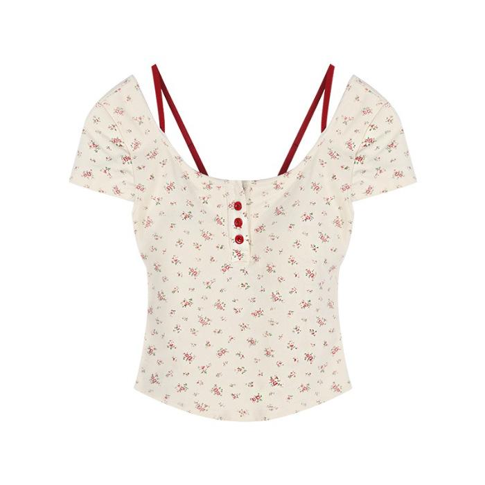 Design Sense with Chest Pad Pure Desire Fake Two Pieces Floral Short Sleeves Women's Summer Sexy Backless Slim Beautiful Short Top
