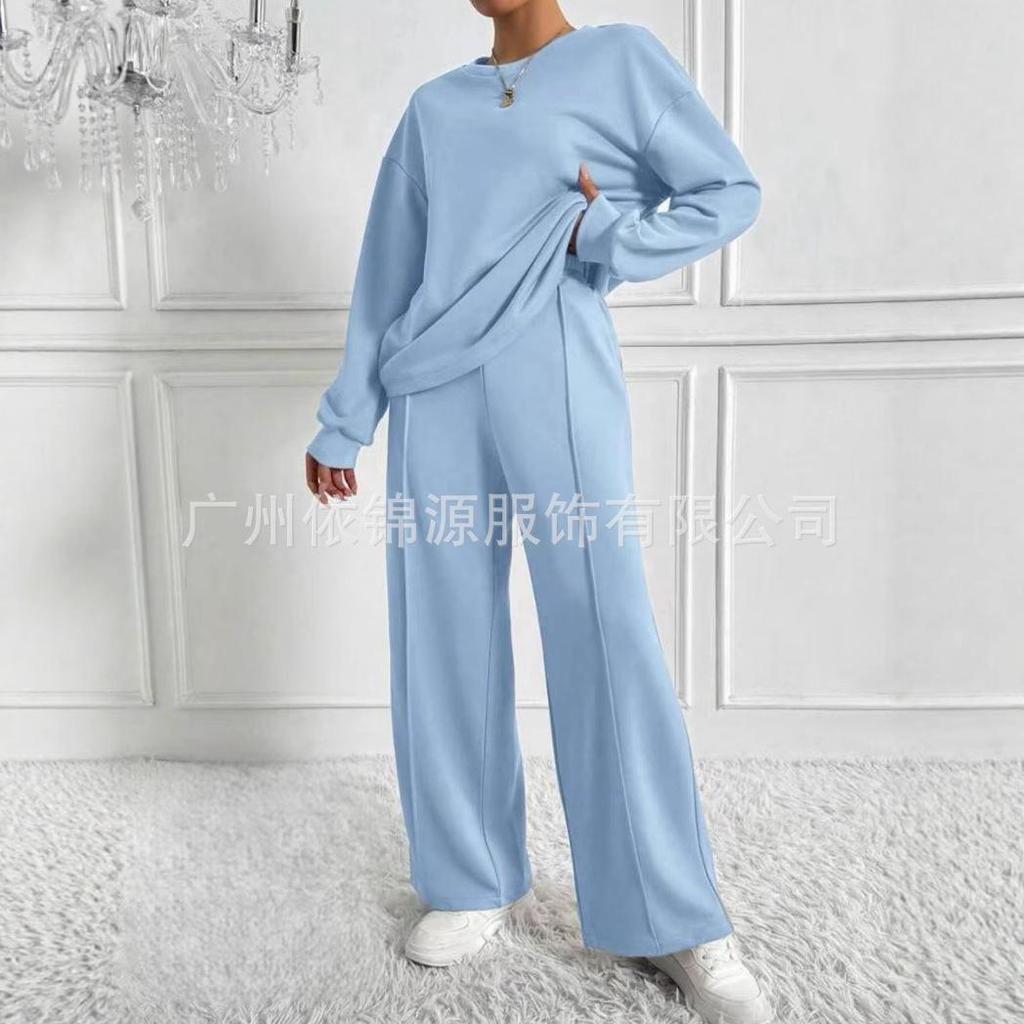 Light Grey Ribbed Knit Loungewear Set with Wide Leg Pants