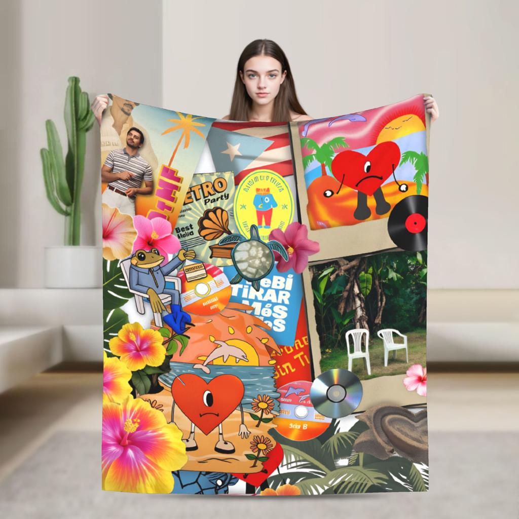 Zanger Bads Bunnys Deken Kwaliteit Warm Beddengoed Plaids Winter Picknick Buiten Grappig Sprei