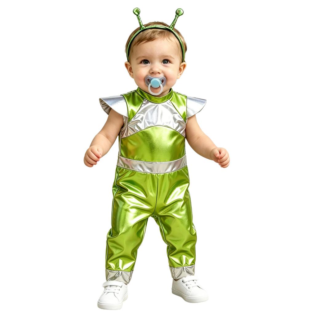 Baby Girls Color Block Alien Jumpsuit Cap Sleeve Zipper Back Metallic Romper Photography Cosplay Halloween