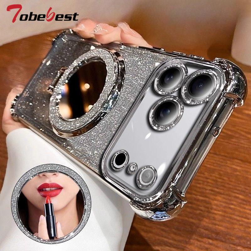 Glitter Shockproof Mirror Magnetic Bracket Case For iPhone 17 Air 16 16E 15 14 Plus 13 12 Mini 11 Pro XS Max XR Silicone Cover