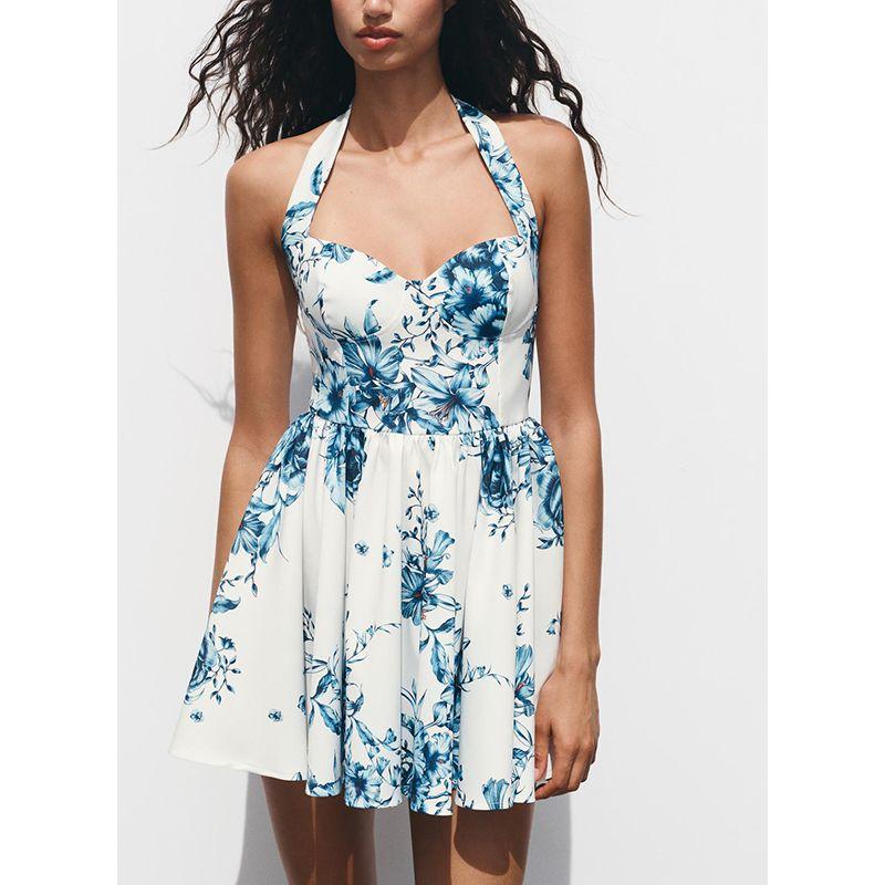 Spring and Summer New Women Clothes Bowknot Decoration Flowers Print Hanging Collar Backless Short Dress 0085131