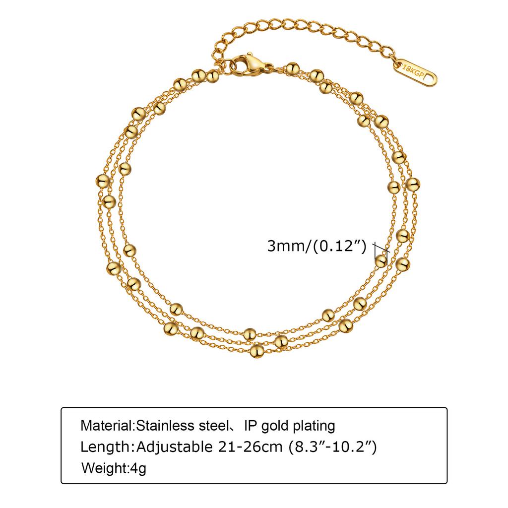 18k Gold Plated Stainless Steel Layered Chain With Beaded  Anklet Bracelet On Leg  for Women