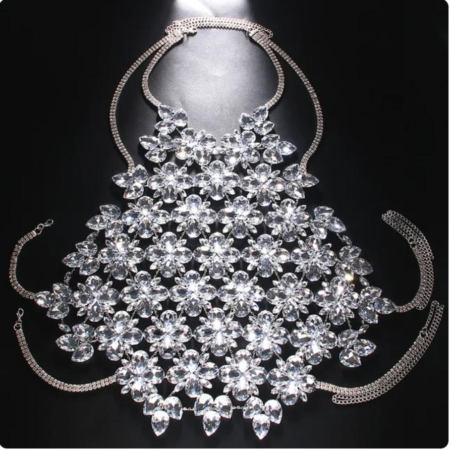 

Woman Sexy Body Jewelry Rhinestone Fashion Party Nightclub Flower Chest Chain Female Bikini Sling Chest Chain серебряный