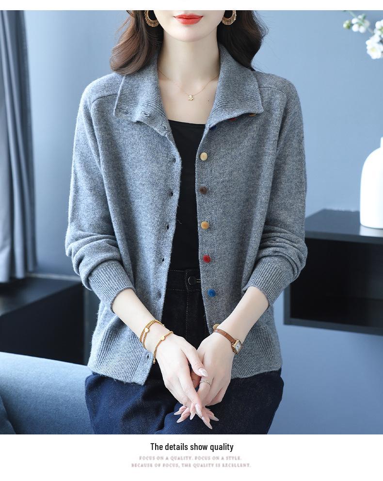 100% Reine Wolle Umlegekragen Damen Strick-Cardigan - Herbstmode Kurze Jacke