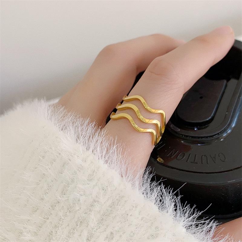 French Retro Gold-Plated Wave Ring - Stackable, Three-Layer Geometric Design for Women